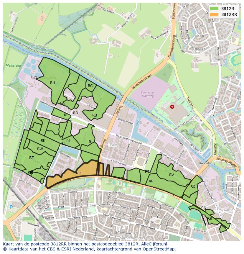 Afbeelding van het postcodegebied 3812 RR op de kaart.