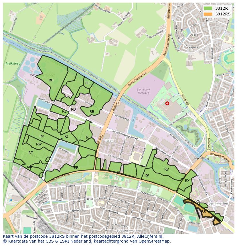 Afbeelding van het postcodegebied 3812 RS op de kaart.