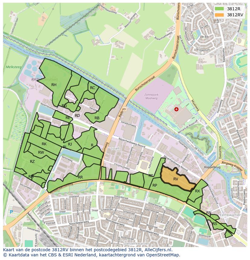 Afbeelding van het postcodegebied 3812 RV op de kaart.