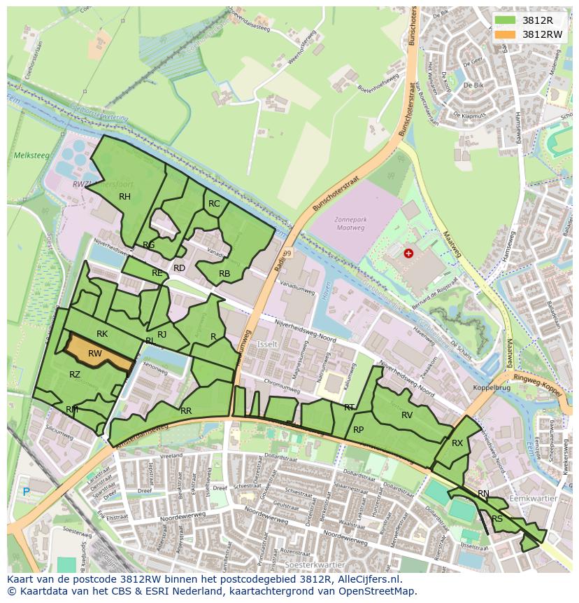 Afbeelding van het postcodegebied 3812 RW op de kaart.