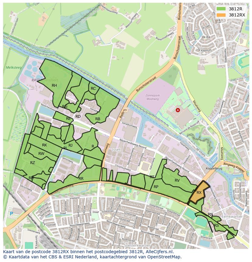 Afbeelding van het postcodegebied 3812 RX op de kaart.
