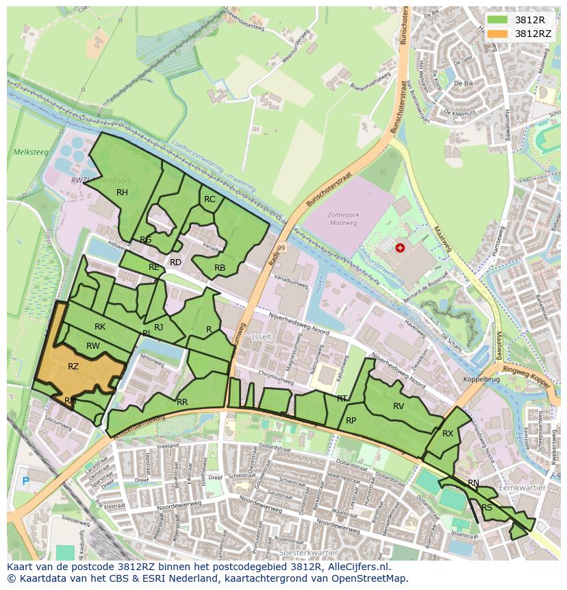Afbeelding van het postcodegebied 3812 RZ op de kaart.