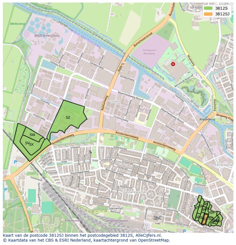 Afbeelding van het postcodegebied 3812 SJ op de kaart.