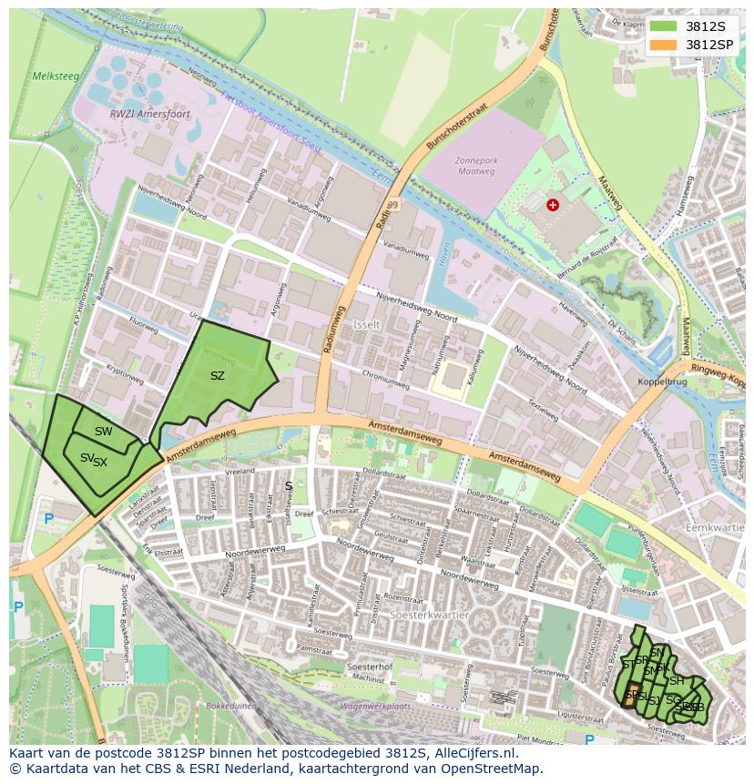 Afbeelding van het postcodegebied 3812 SP op de kaart.