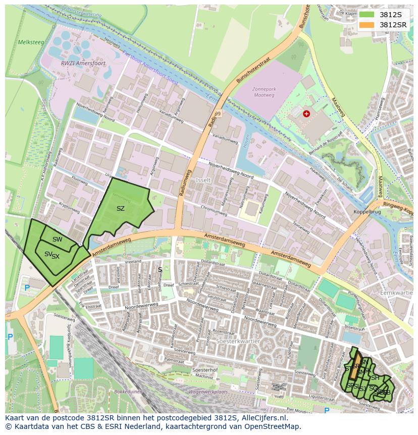 Afbeelding van het postcodegebied 3812 SR op de kaart.