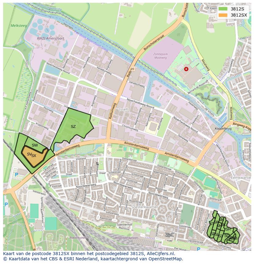 Afbeelding van het postcodegebied 3812 SX op de kaart.