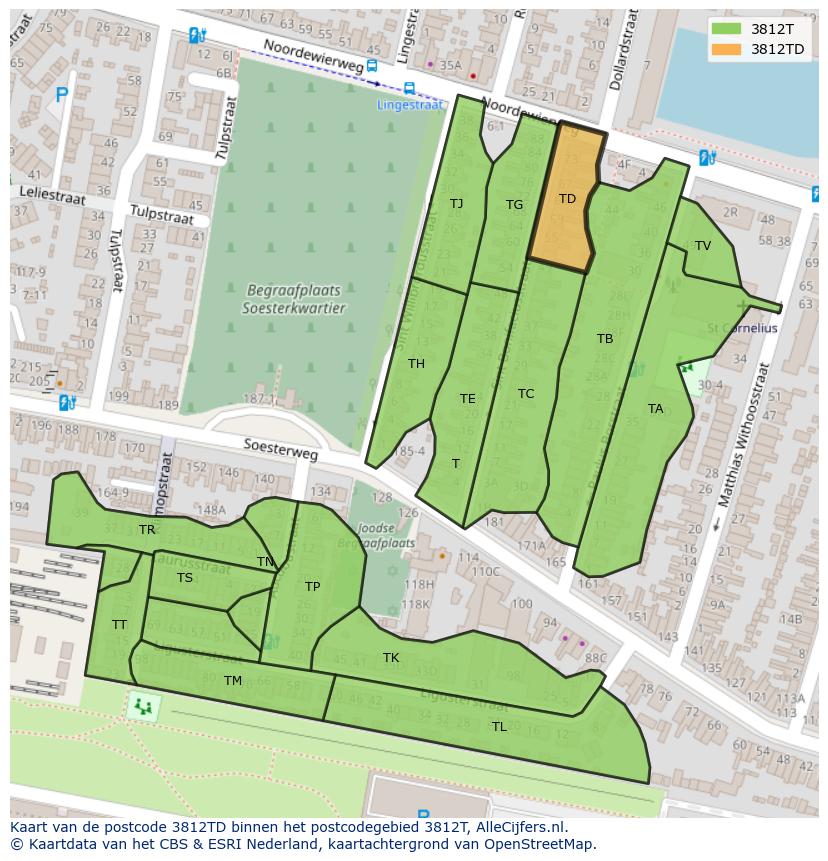 Afbeelding van het postcodegebied 3812 TD op de kaart.