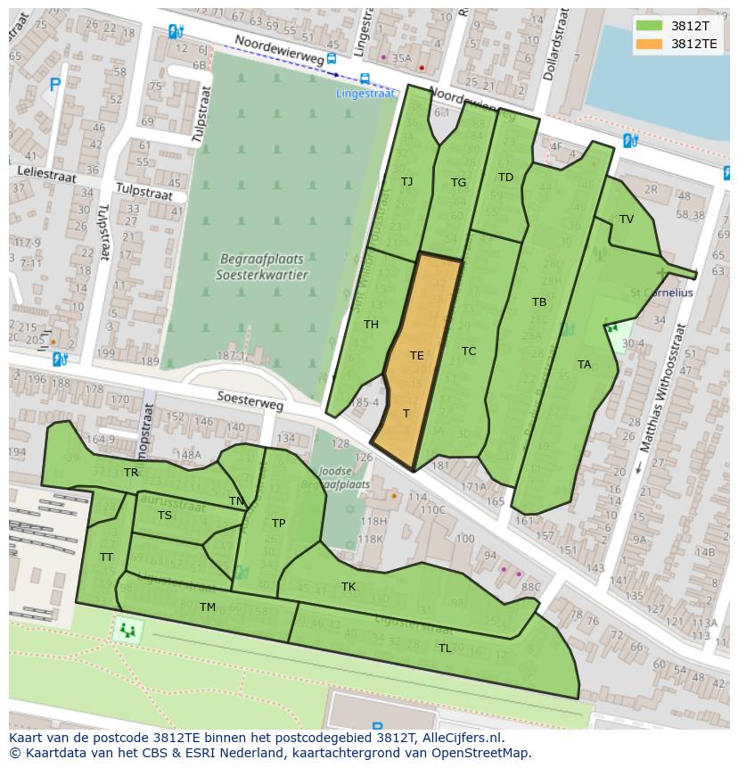 Afbeelding van het postcodegebied 3812 TE op de kaart.
