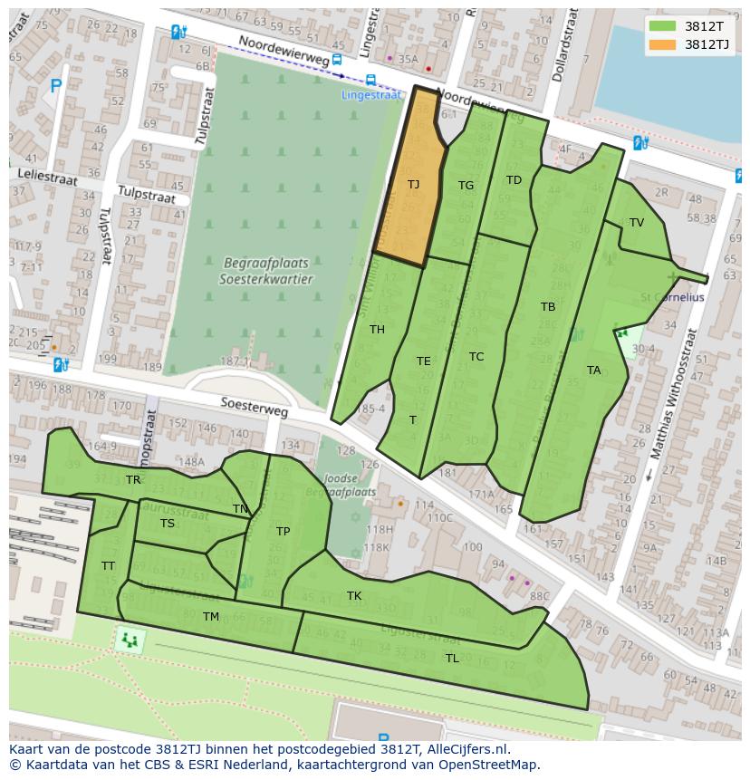 Afbeelding van het postcodegebied 3812 TJ op de kaart.