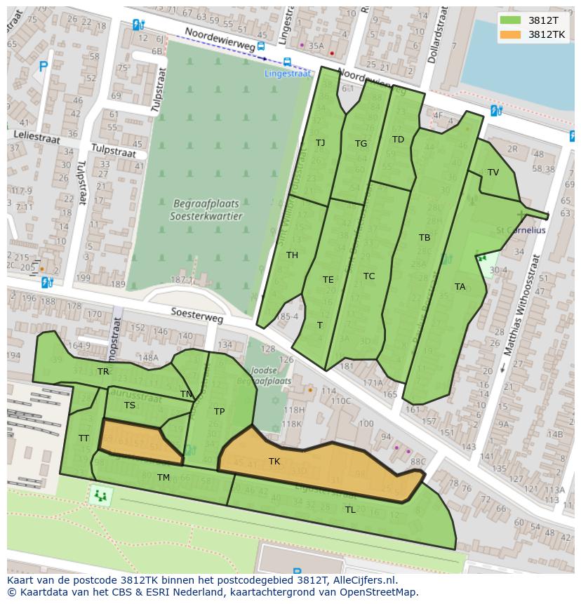 Afbeelding van het postcodegebied 3812 TK op de kaart.