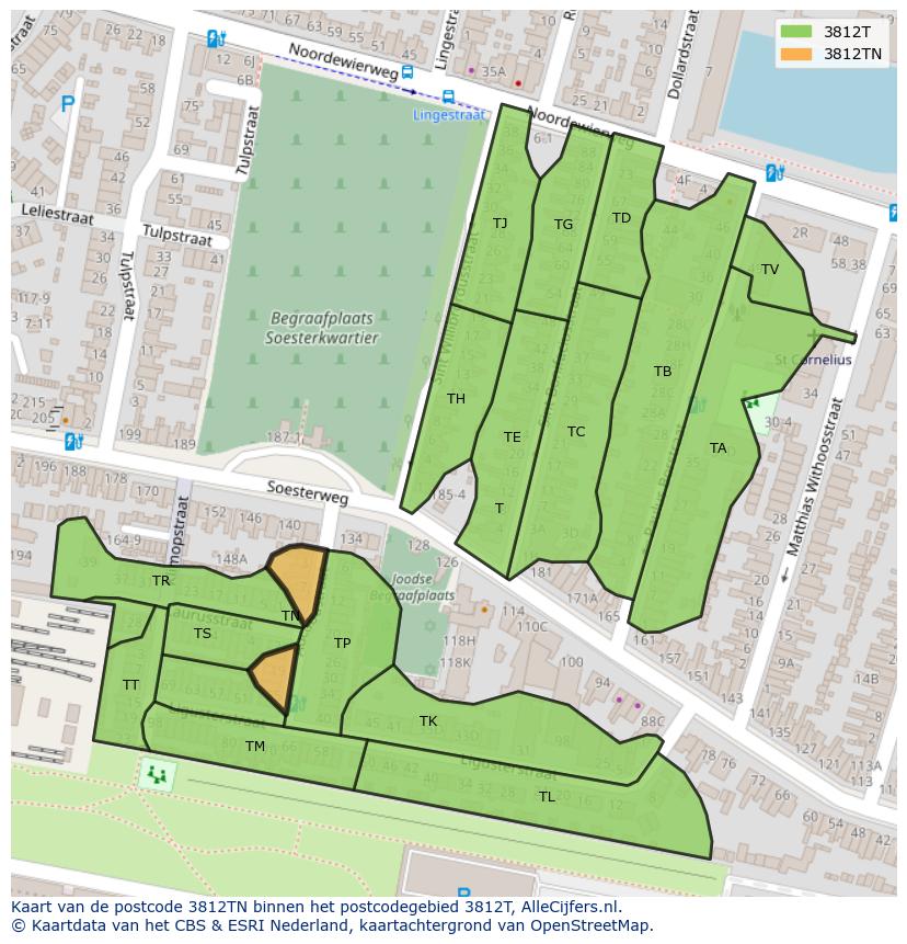 Afbeelding van het postcodegebied 3812 TN op de kaart.