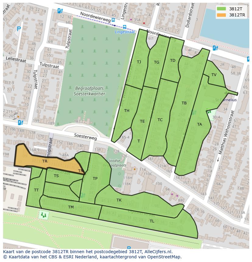 Afbeelding van het postcodegebied 3812 TR op de kaart.