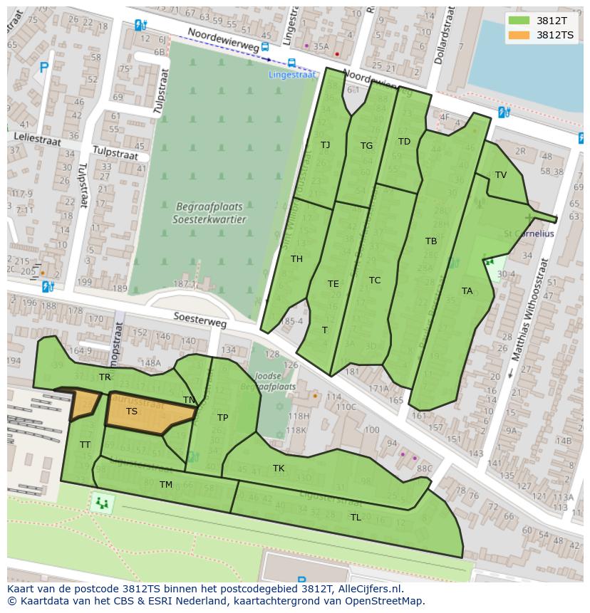 Afbeelding van het postcodegebied 3812 TS op de kaart.