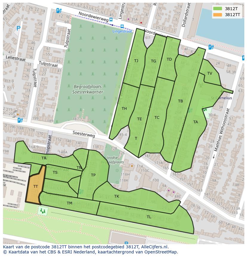Afbeelding van het postcodegebied 3812 TT op de kaart.