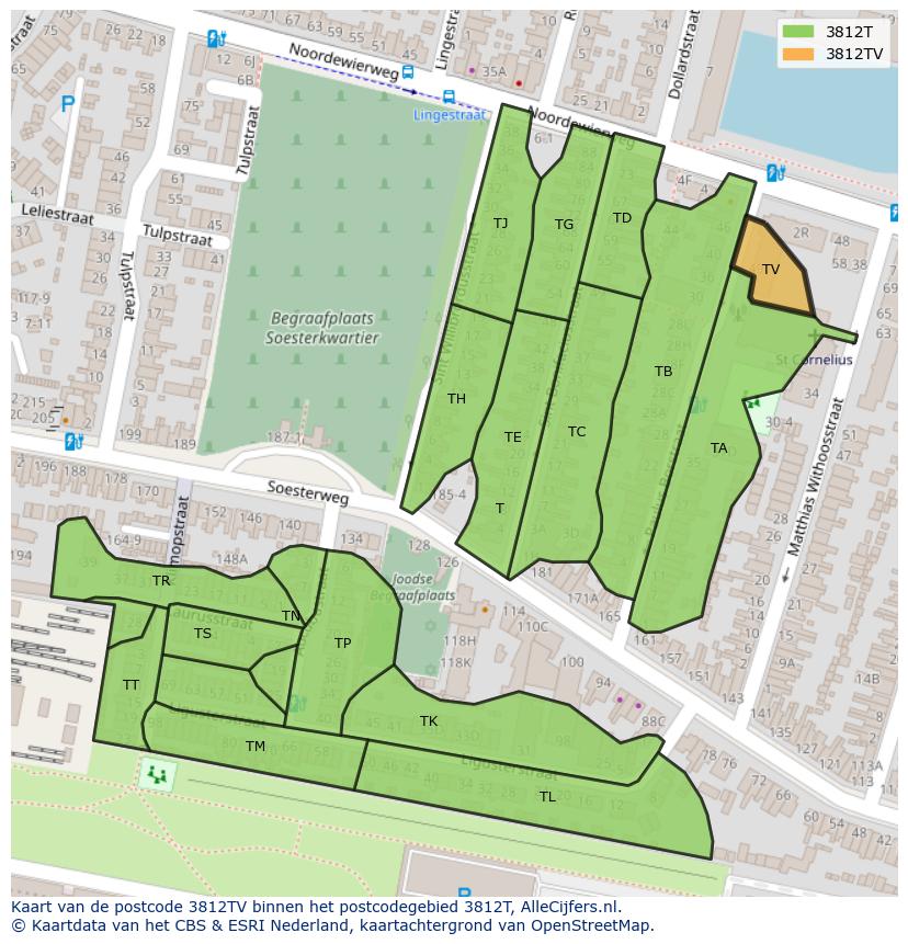 Afbeelding van het postcodegebied 3812 TV op de kaart.