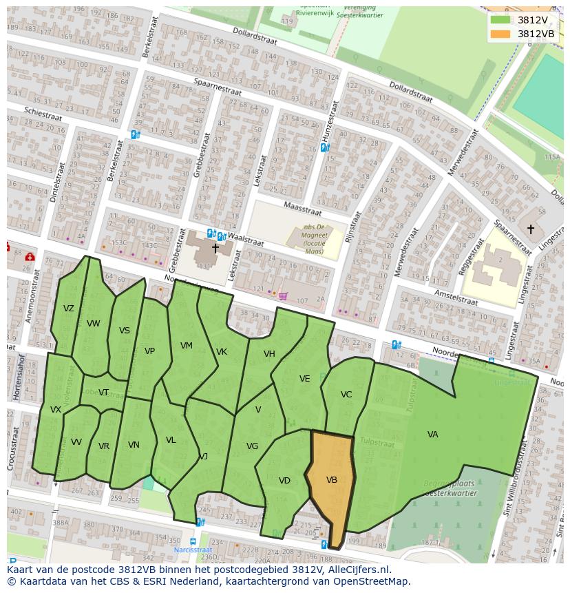 Afbeelding van het postcodegebied 3812 VB op de kaart.