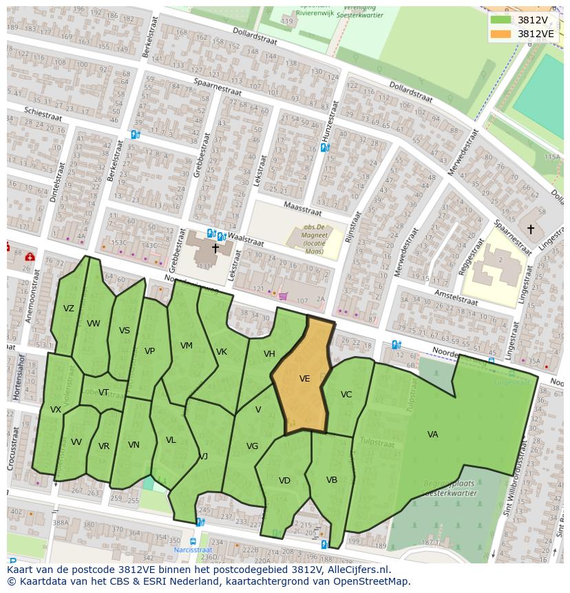 Afbeelding van het postcodegebied 3812 VE op de kaart.