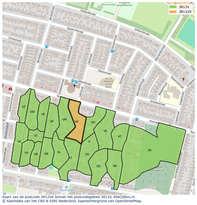 Afbeelding van het postcodegebied 3812 VK op de kaart.