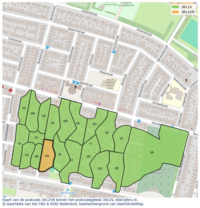 Afbeelding van het postcodegebied 3812 VN op de kaart.