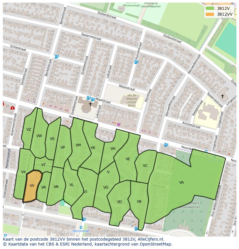 Afbeelding van het postcodegebied 3812 VV op de kaart.