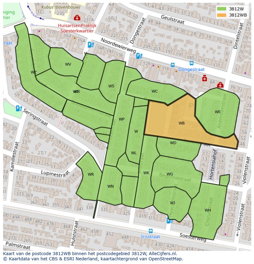 Afbeelding van het postcodegebied 3812 WB op de kaart.