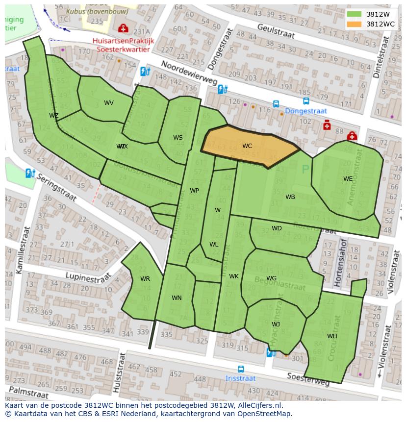 Afbeelding van het postcodegebied 3812 WC op de kaart.