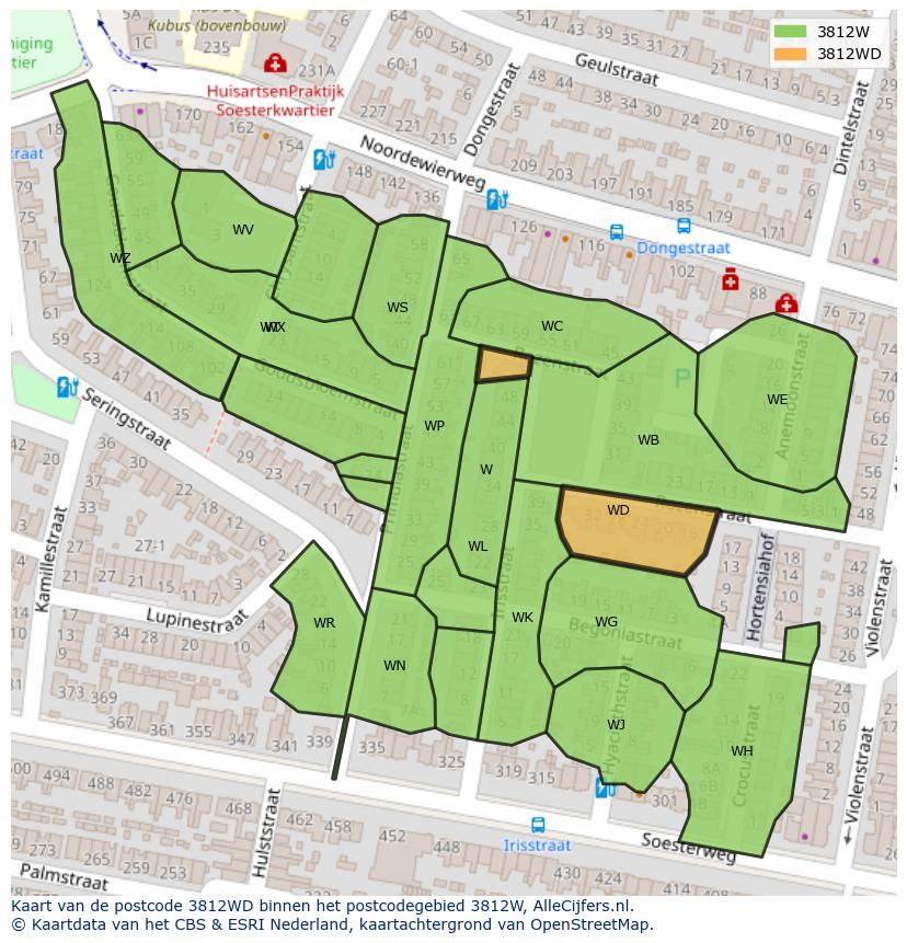 Afbeelding van het postcodegebied 3812 WD op de kaart.