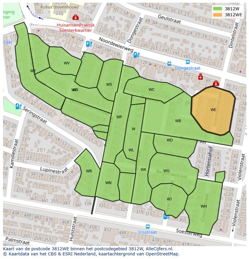 Afbeelding van het postcodegebied 3812 WE op de kaart.