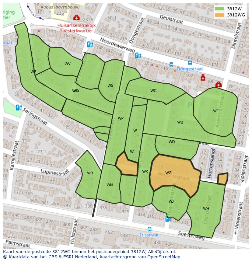 Afbeelding van het postcodegebied 3812 WG op de kaart.