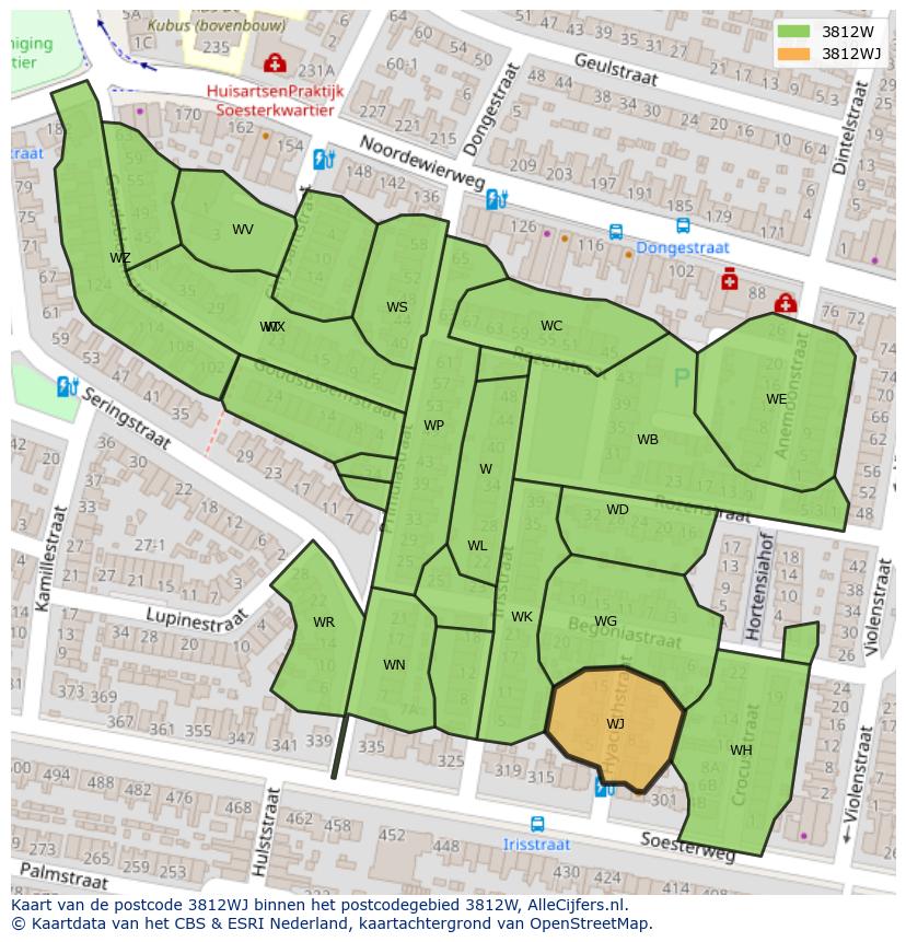 Afbeelding van het postcodegebied 3812 WJ op de kaart.