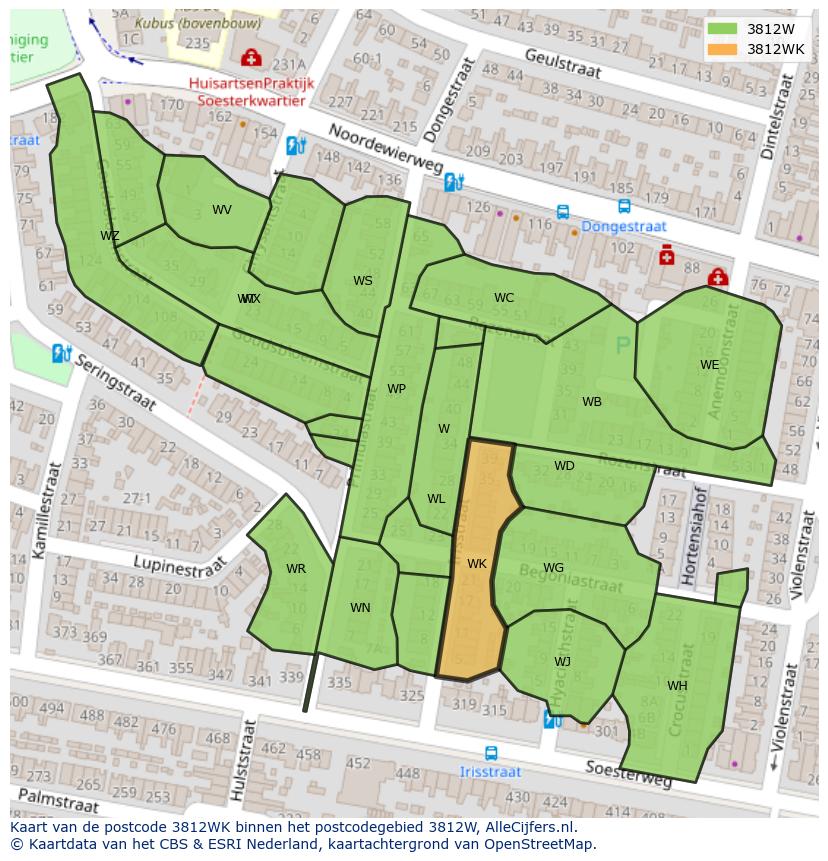 Afbeelding van het postcodegebied 3812 WK op de kaart.
