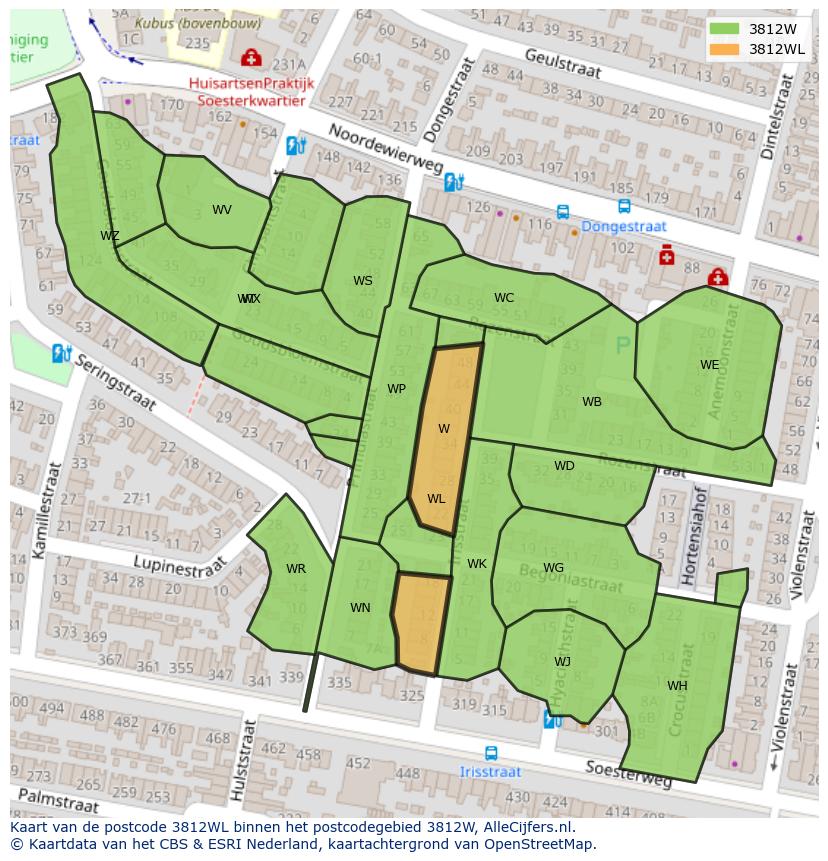 Afbeelding van het postcodegebied 3812 WL op de kaart.