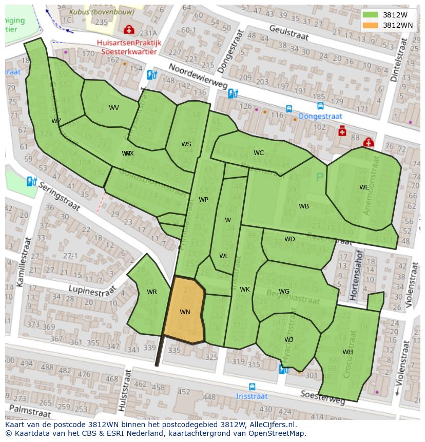 Afbeelding van het postcodegebied 3812 WN op de kaart.