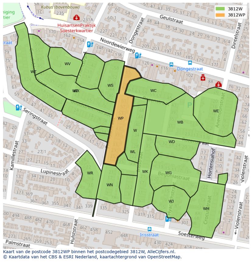 Afbeelding van het postcodegebied 3812 WP op de kaart.