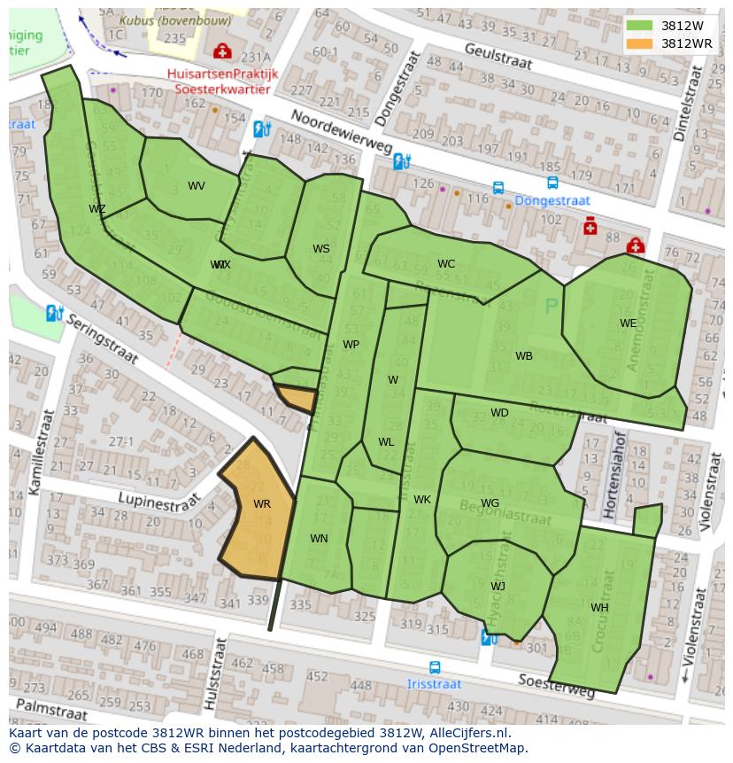 Afbeelding van het postcodegebied 3812 WR op de kaart.