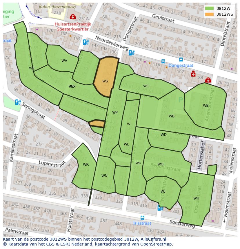 Afbeelding van het postcodegebied 3812 WS op de kaart.