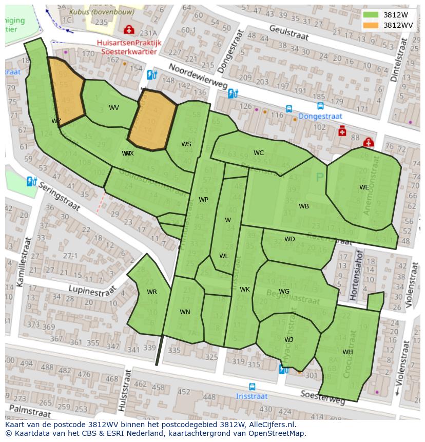 Afbeelding van het postcodegebied 3812 WV op de kaart.