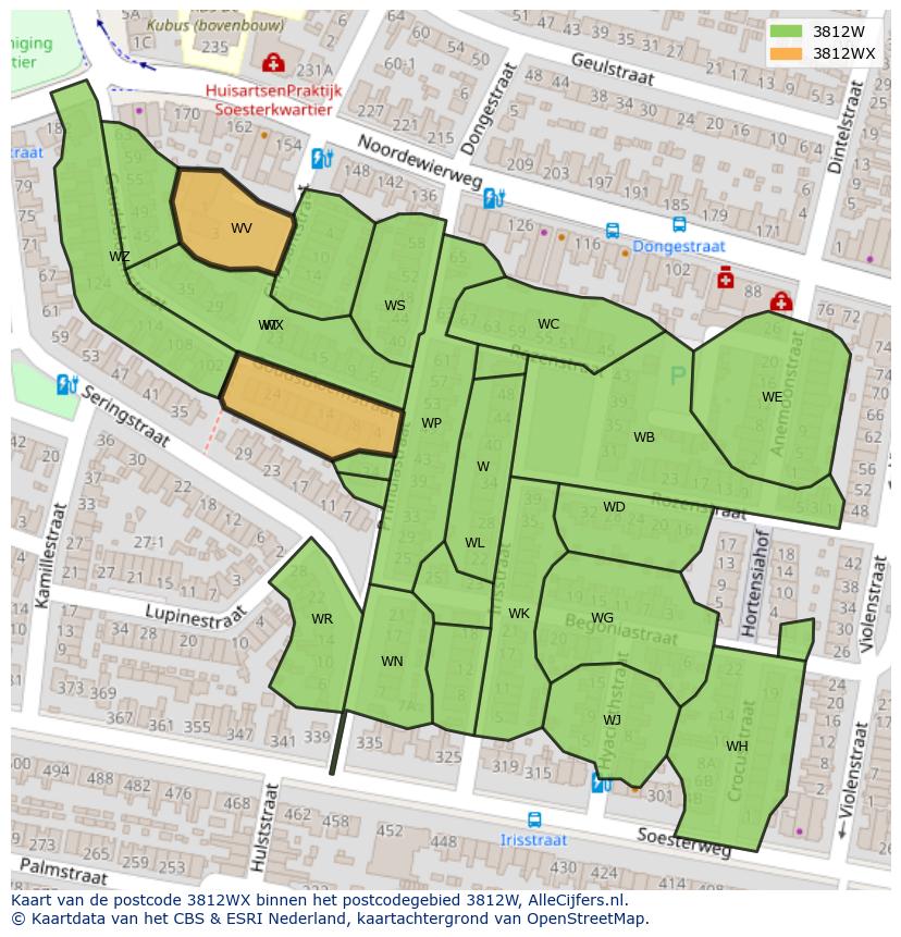 Afbeelding van het postcodegebied 3812 WX op de kaart.