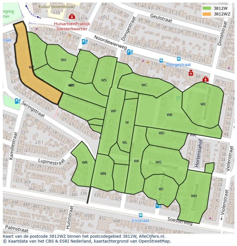 Afbeelding van het postcodegebied 3812 WZ op de kaart.