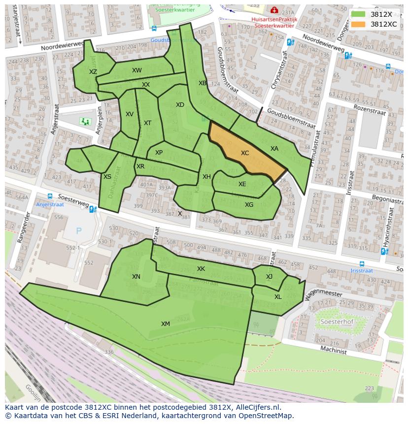 Afbeelding van het postcodegebied 3812 XC op de kaart.