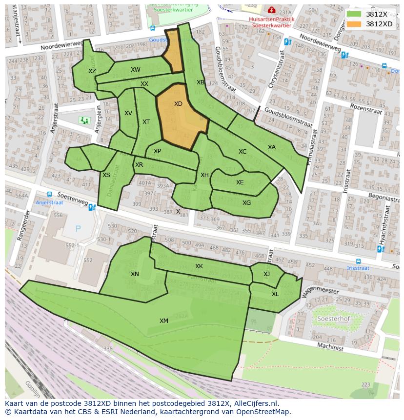 Afbeelding van het postcodegebied 3812 XD op de kaart.