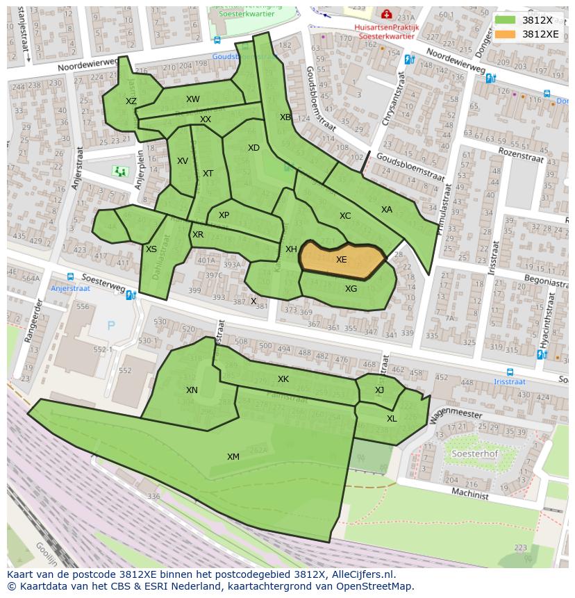 Afbeelding van het postcodegebied 3812 XE op de kaart.
