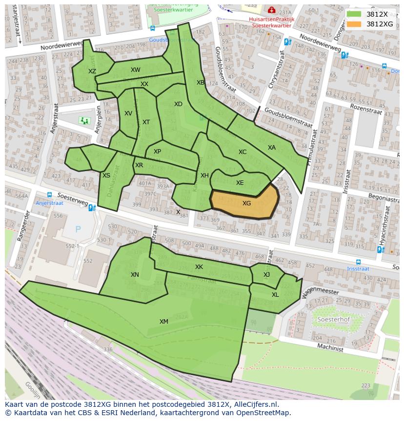 Afbeelding van het postcodegebied 3812 XG op de kaart.
