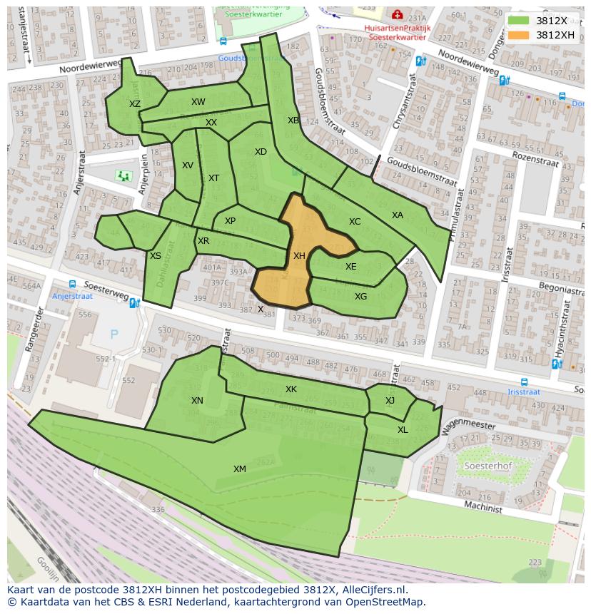 Afbeelding van het postcodegebied 3812 XH op de kaart.