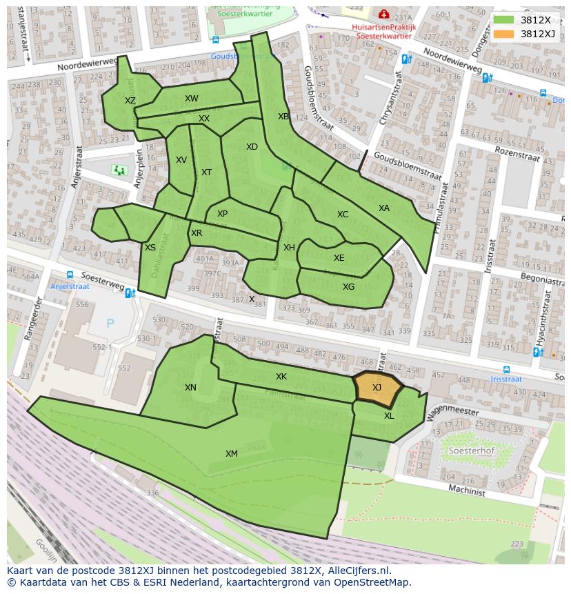Afbeelding van het postcodegebied 3812 XJ op de kaart.