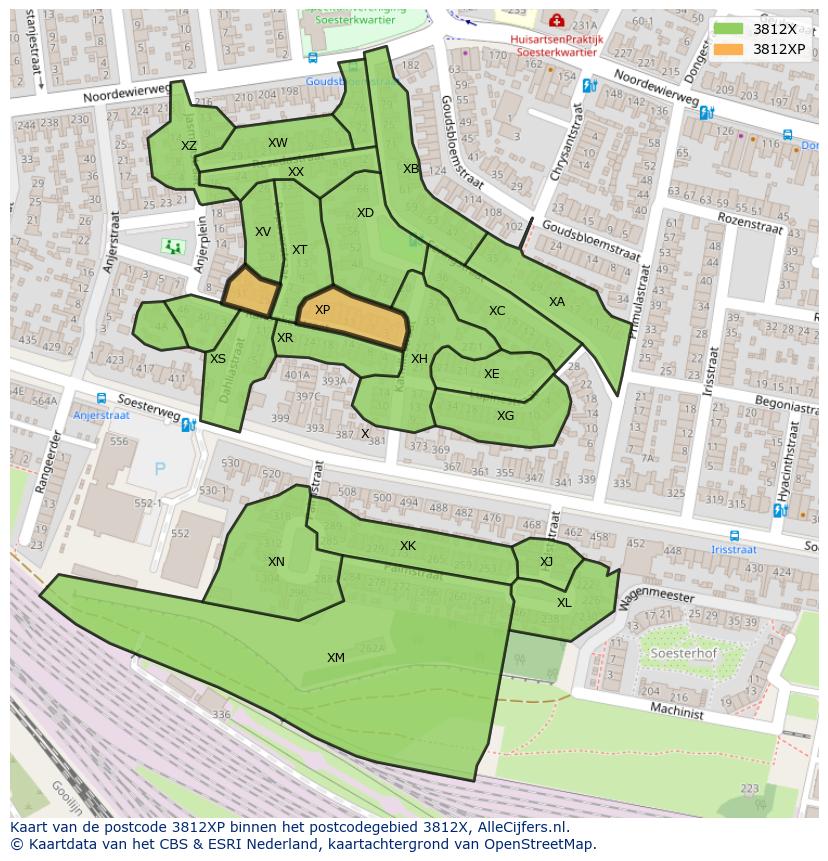 Afbeelding van het postcodegebied 3812 XP op de kaart.