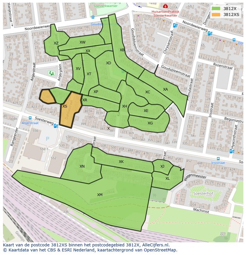 Afbeelding van het postcodegebied 3812 XS op de kaart.