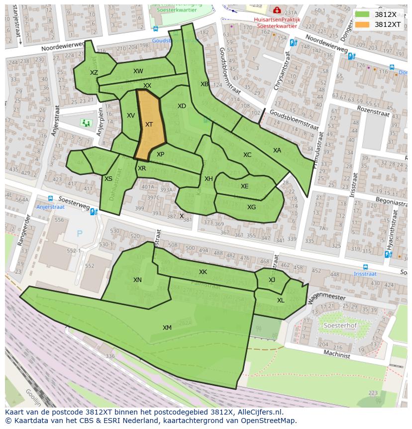 Afbeelding van het postcodegebied 3812 XT op de kaart.