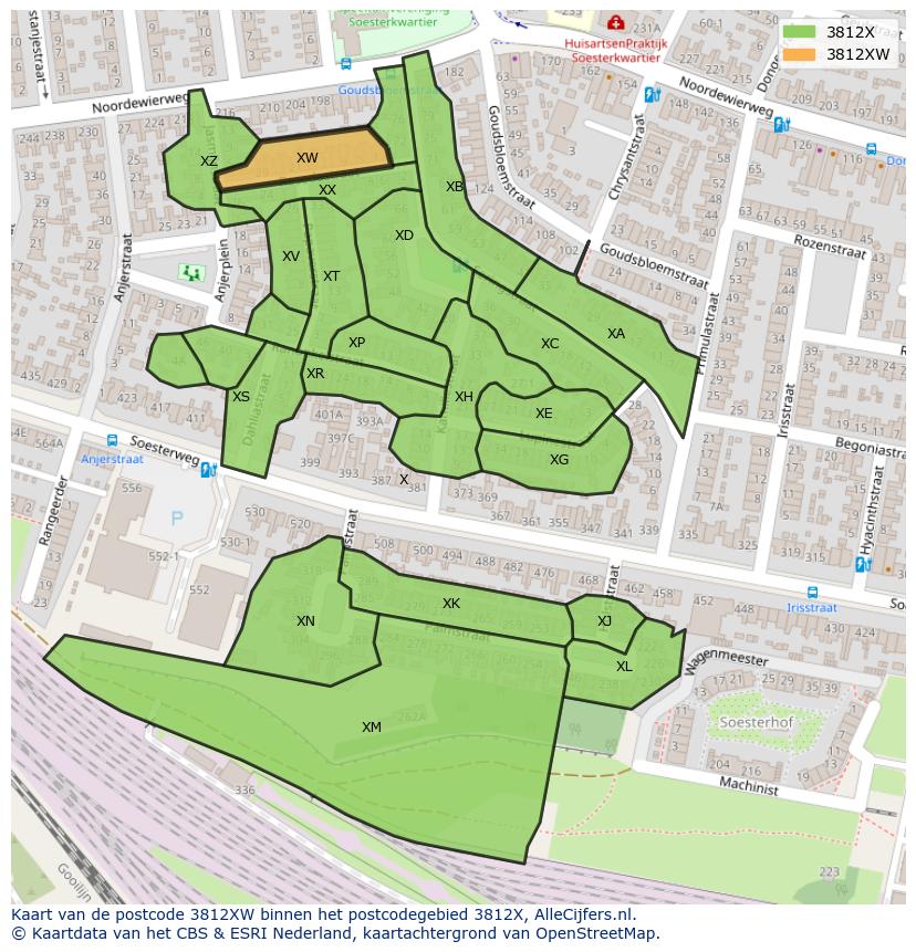 Afbeelding van het postcodegebied 3812 XW op de kaart.