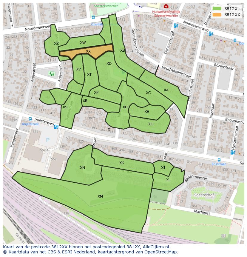 Afbeelding van het postcodegebied 3812 XX op de kaart.